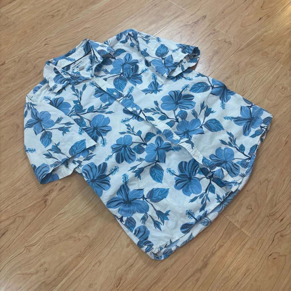 Calm street wear Blue Floral Short Sleeve Button Down Hawaiian Shirt Large